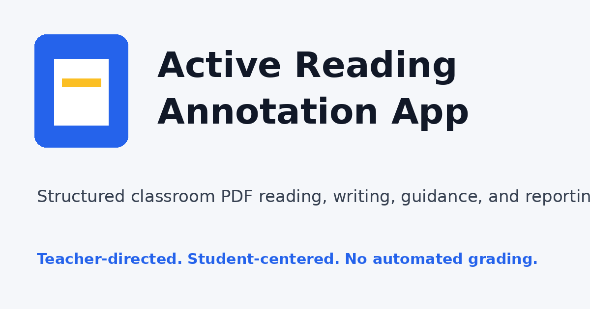 Active Reading Annotation App overview card describing classroom PDF annotation and teacher reporting